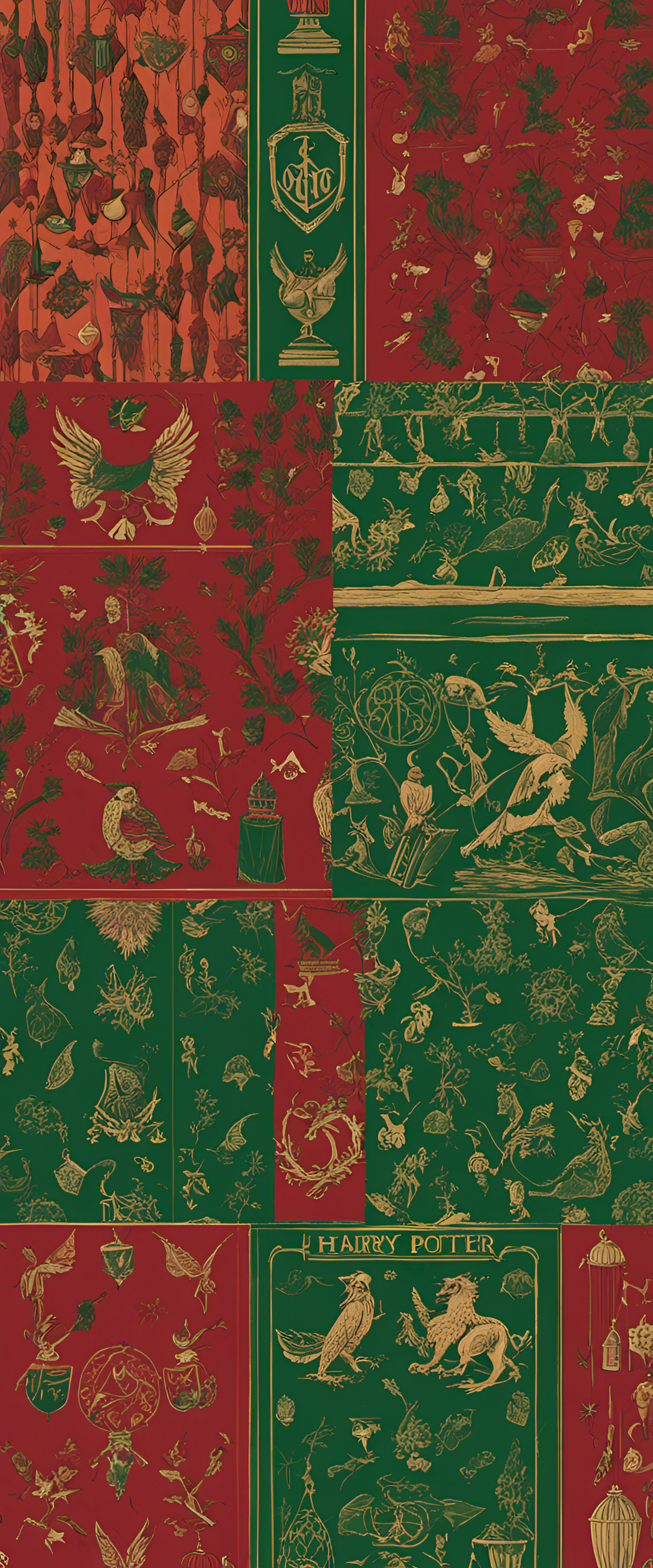 Harry Potter-themed phone wallpaper with red and green colors, featuring iconic imagery and designs.