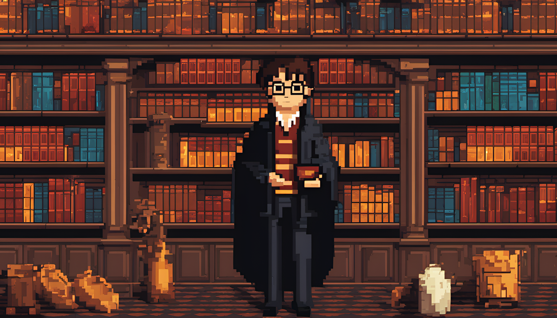 Pixel art Harry Potter wallpaper showcasing magical scene.