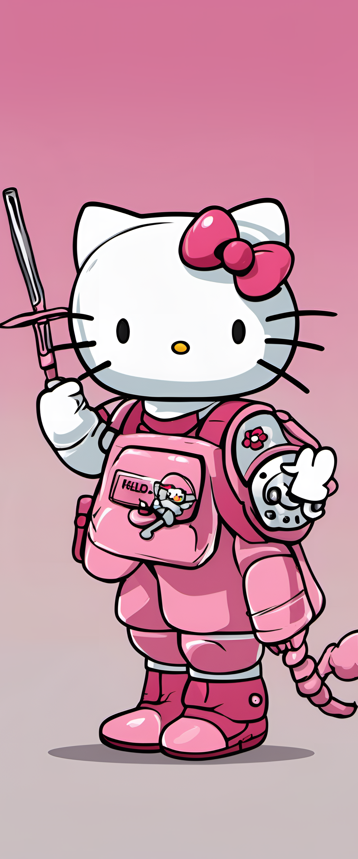 Cheerful Hello Kitty character with a playful expression, pink bow, and whiskers.