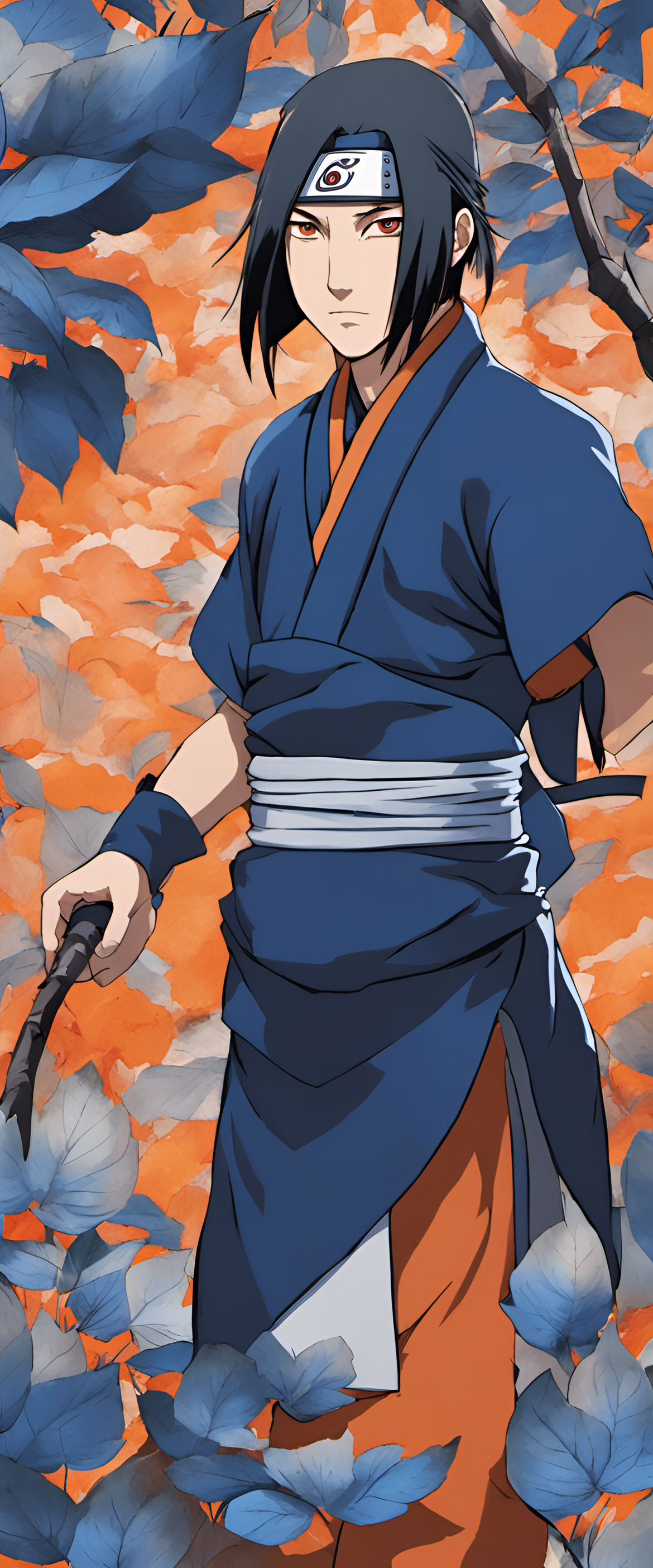 Itachi Uchiha, illuminated in blue and orange hues, exudes an award-winning presence in this captivating phone wallpaper.