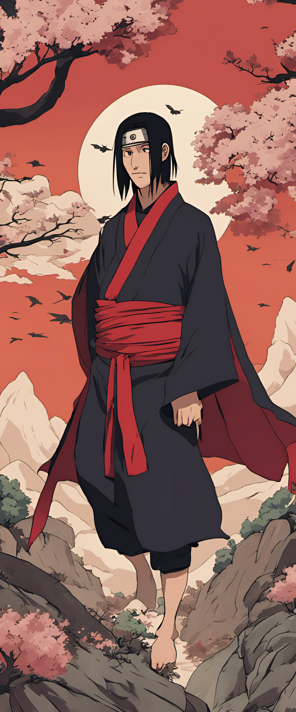 Itachi with Sharingan—an enchanting Studio Ghibli inspired phone wallpaper.