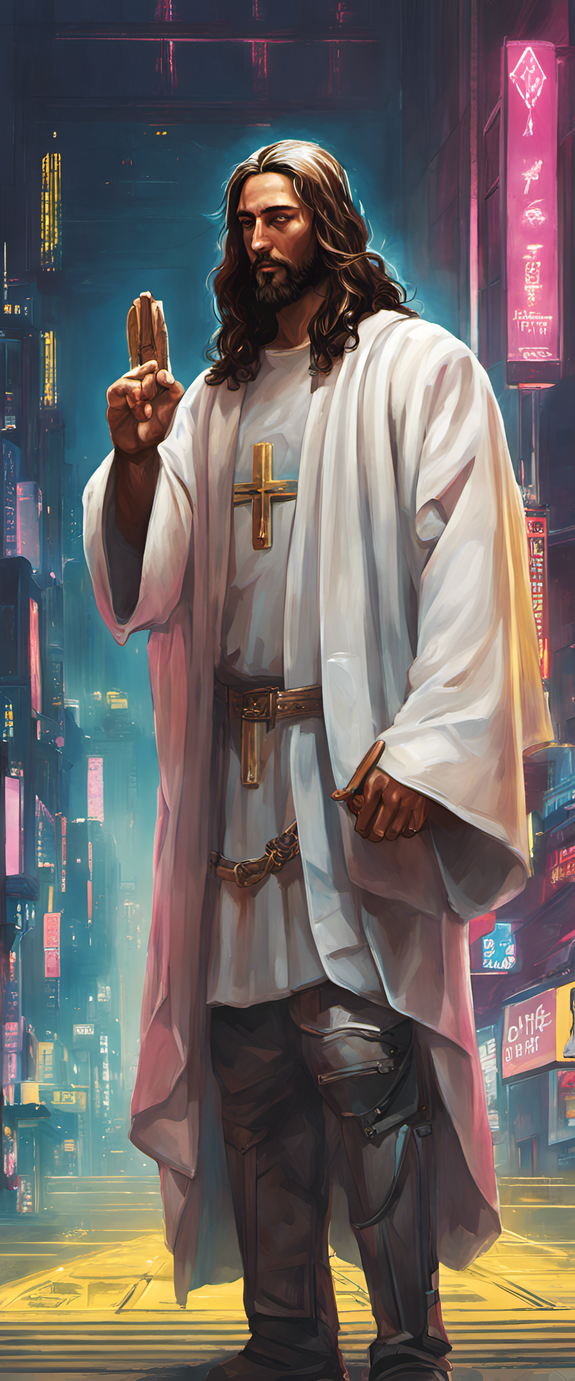 Cyberpunk Jesus wallpaper with award-winning design.