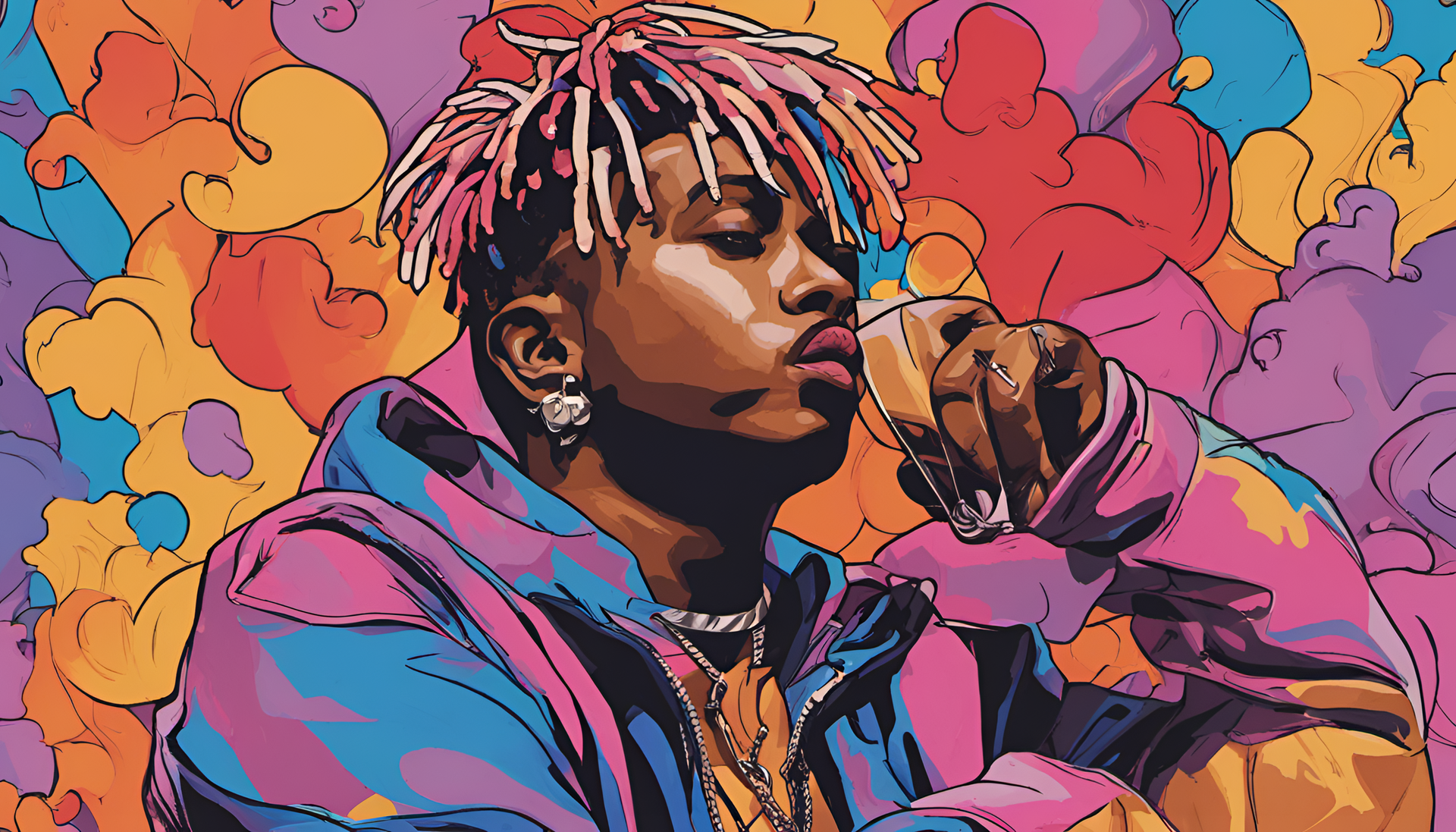 Juice Wrld posing against a backdrop of vibrant contrasting colors.