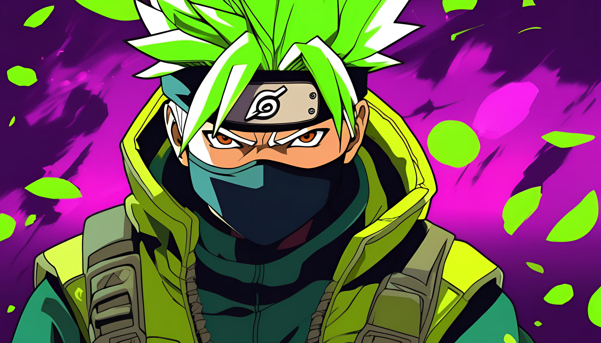 Colorful artwork of Kakashi, a fictional character, in vibrant acid green colors.