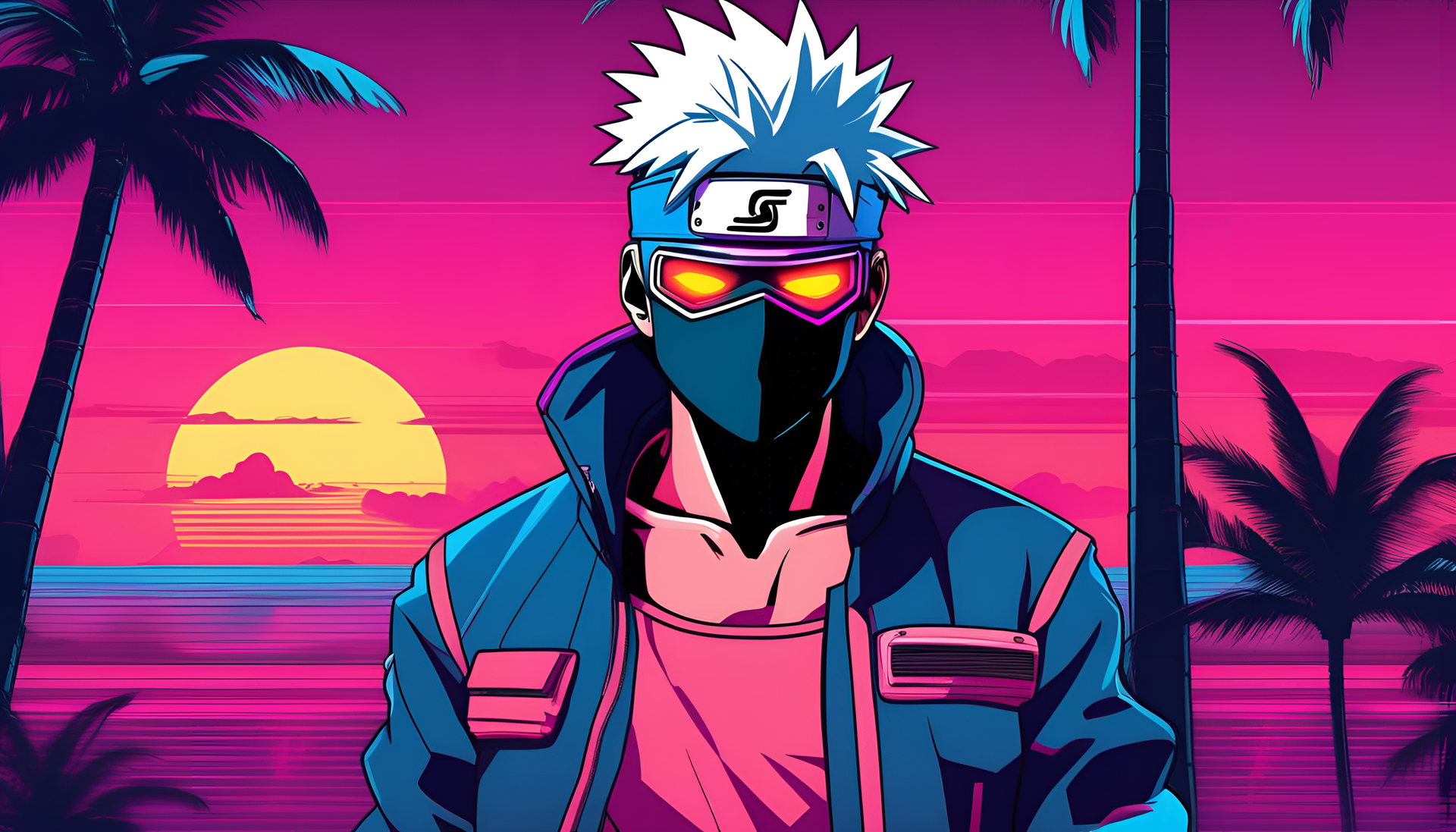 Kakashi standing against a vibrant cityscape at night, bathed in neon lights and a retro 80s vibe.