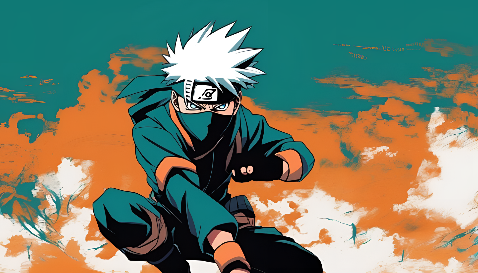 Kakashi, a character inspired by turquoise and orange colors, featured in a striking HD desktop wallpaper.