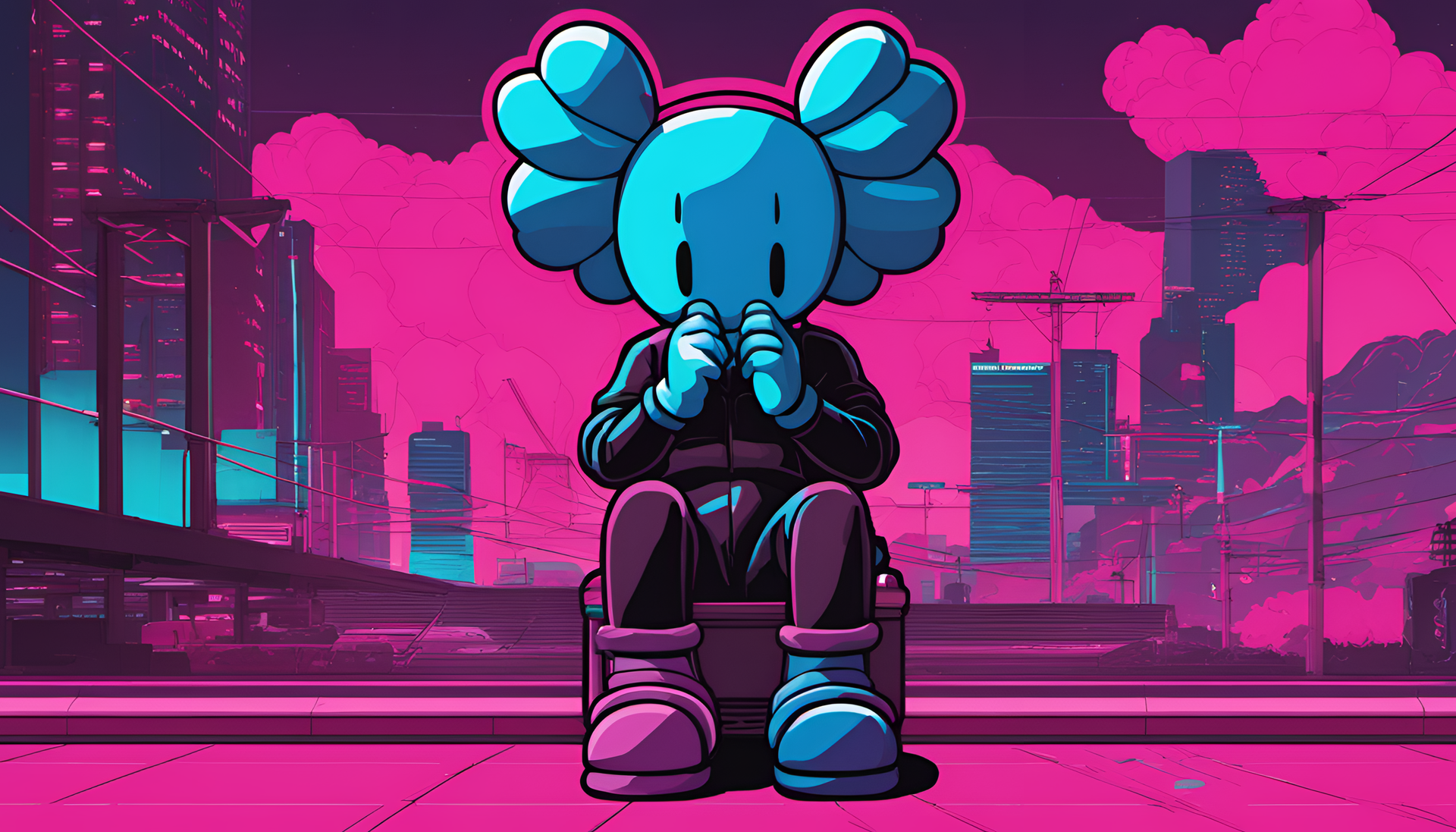 Colorful KAWS character in retrowave style.