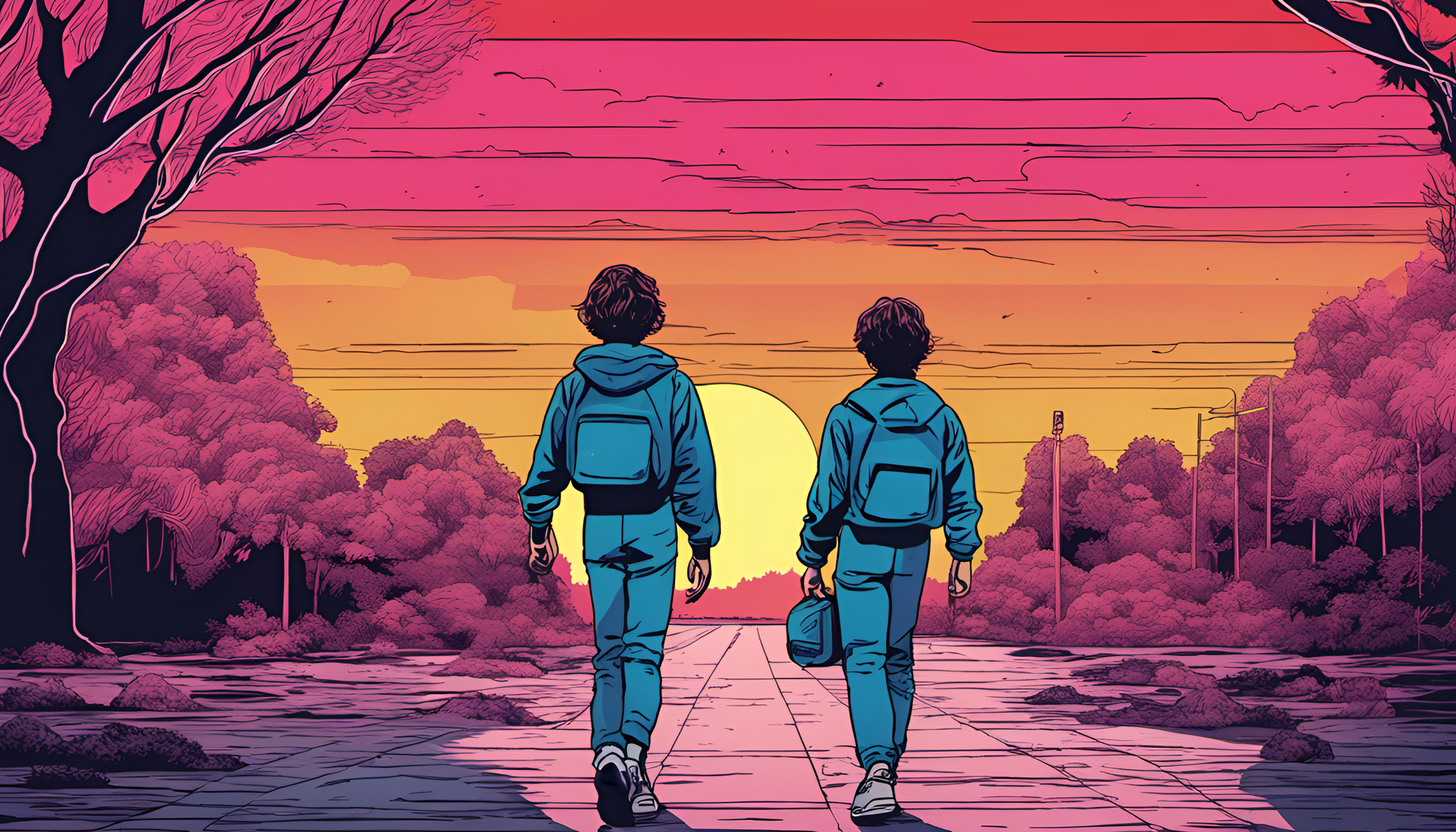 Rotoscope animation style portrait with vibrant background inspired by Stranger Things.