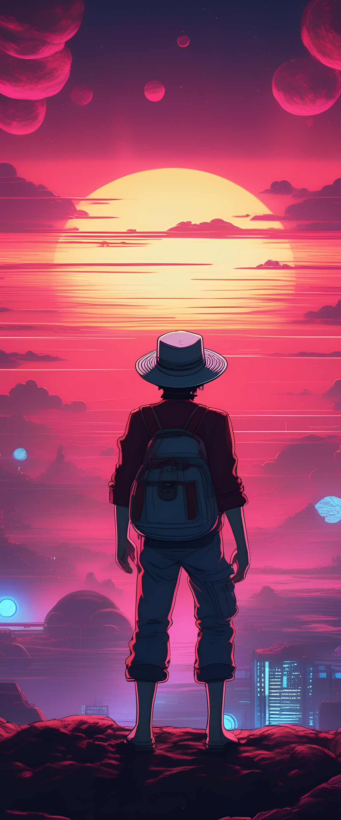 Colorful 80's style wallpaper featuring Luffy, illuminated with cinematic lighting.