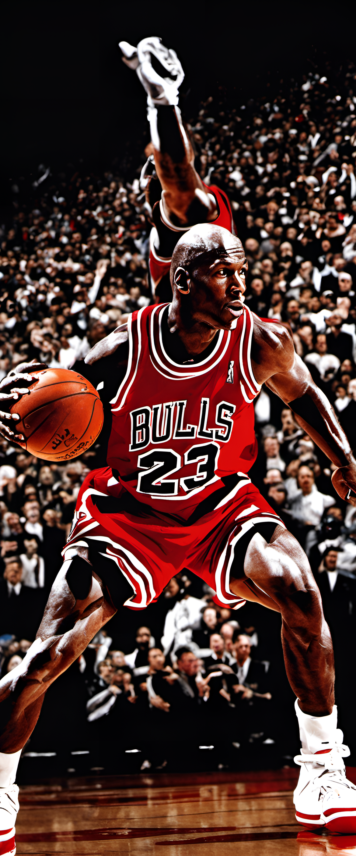 Michael Jordan in action, showcasing his basketball skills and dominance.