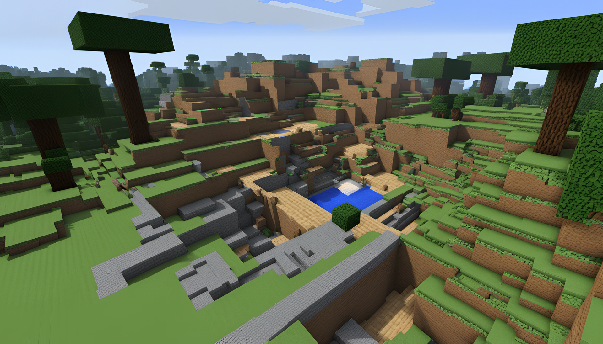 Minecraft landscape with blocky terrain and pixelated trees.