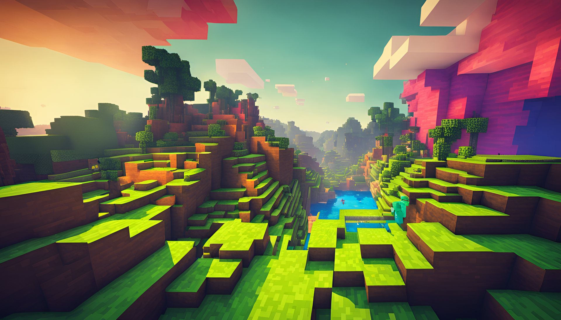 Minecraft landscape with vibrant colors.