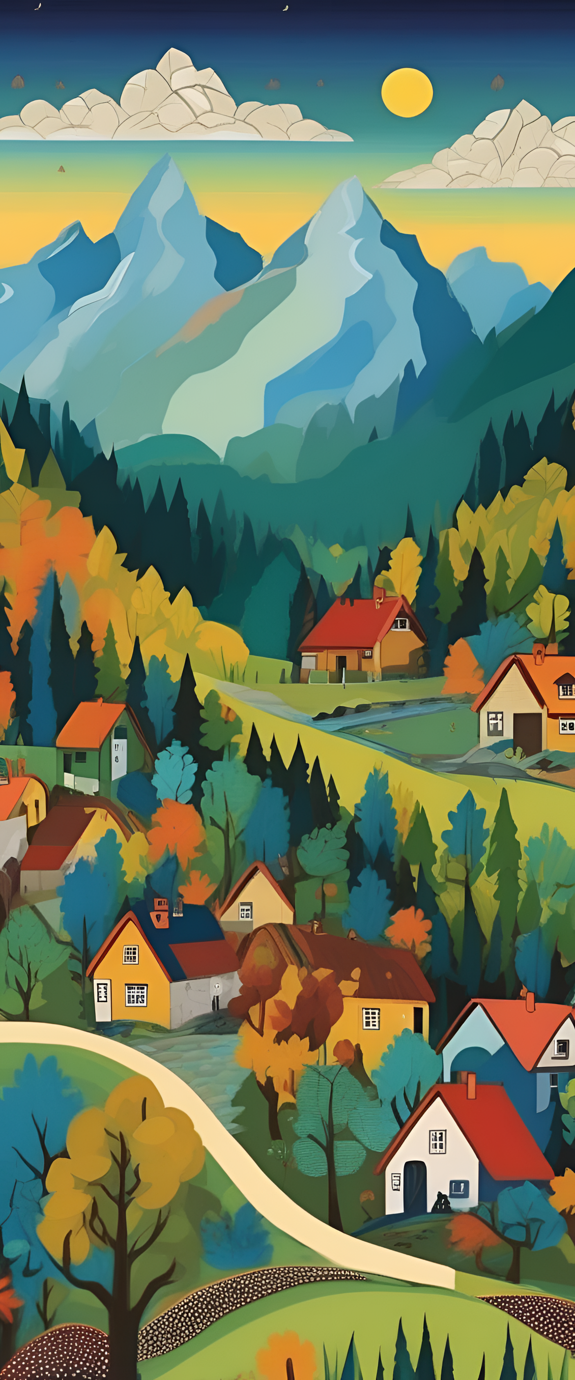 Mountain landscape with vibrant and whimsical artistic style.