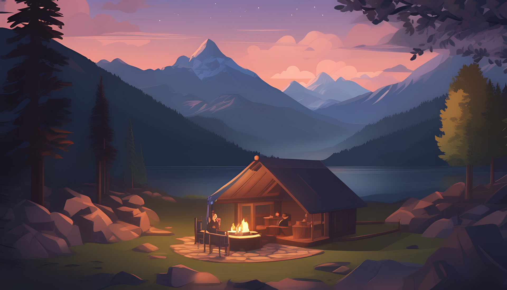 Evening mountain landscape with a cozy atmosphere