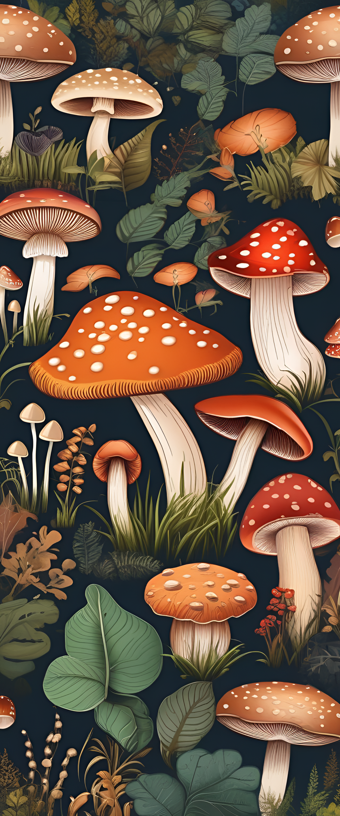 Vibrant mushroom pattern against a dark background.