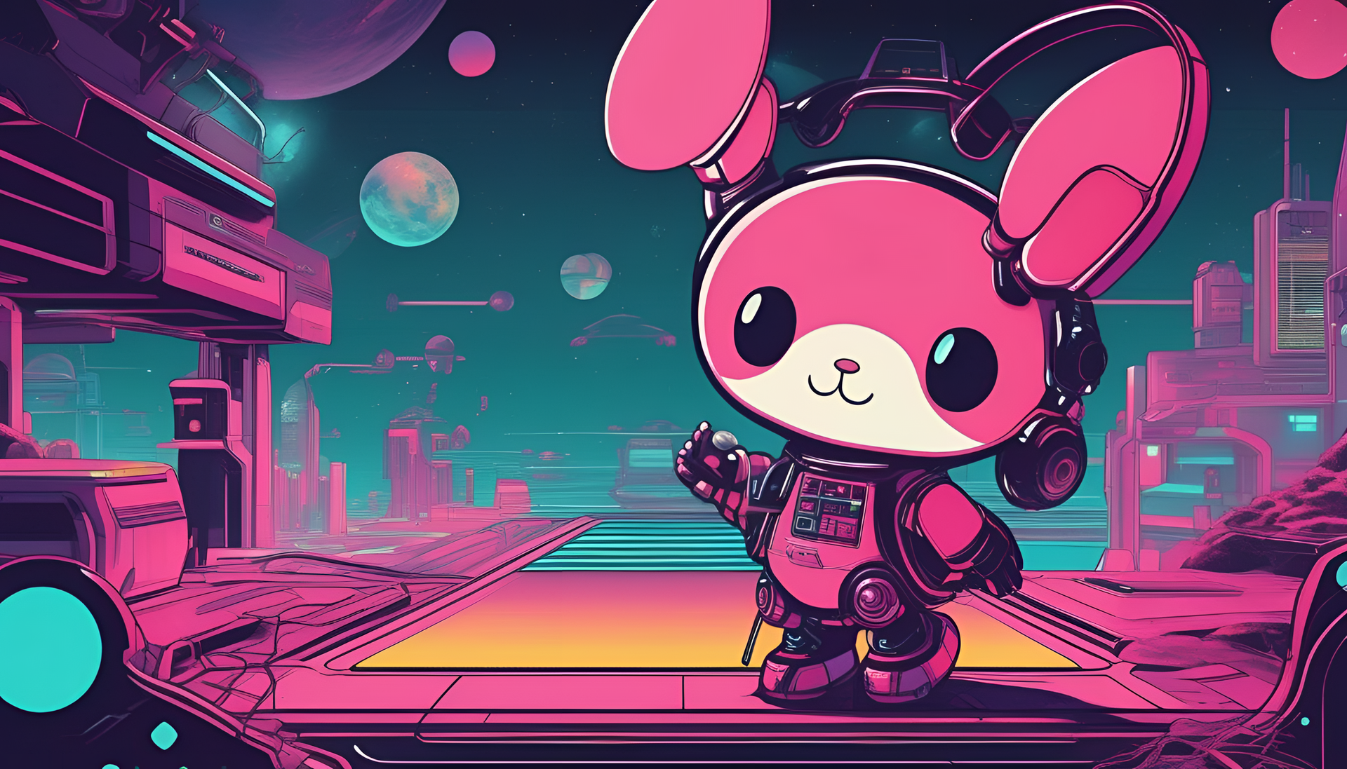 My Melody in vibrant 80's sci-fi style with captivating colors and retro aesthetics.