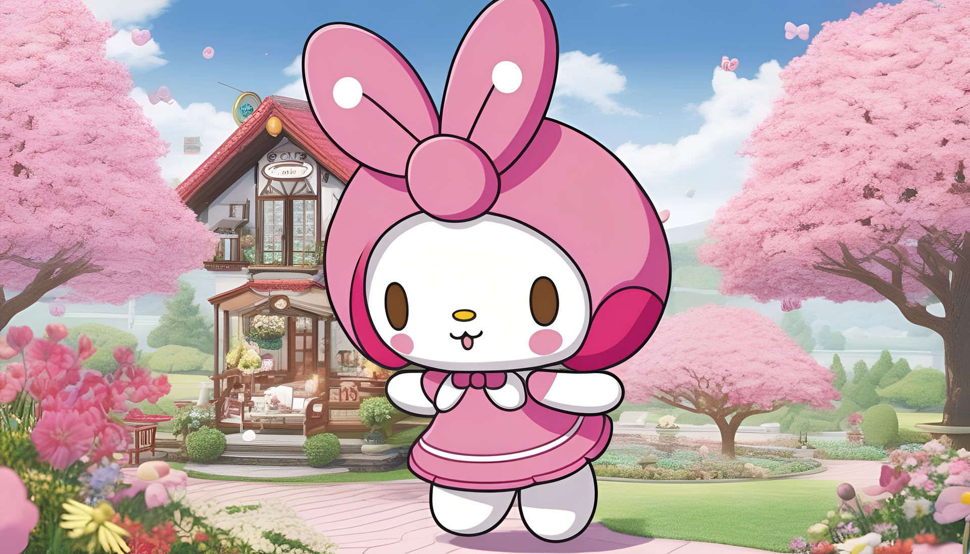 My Melody, a popular white rabbit character, standing against a pastel pink background.