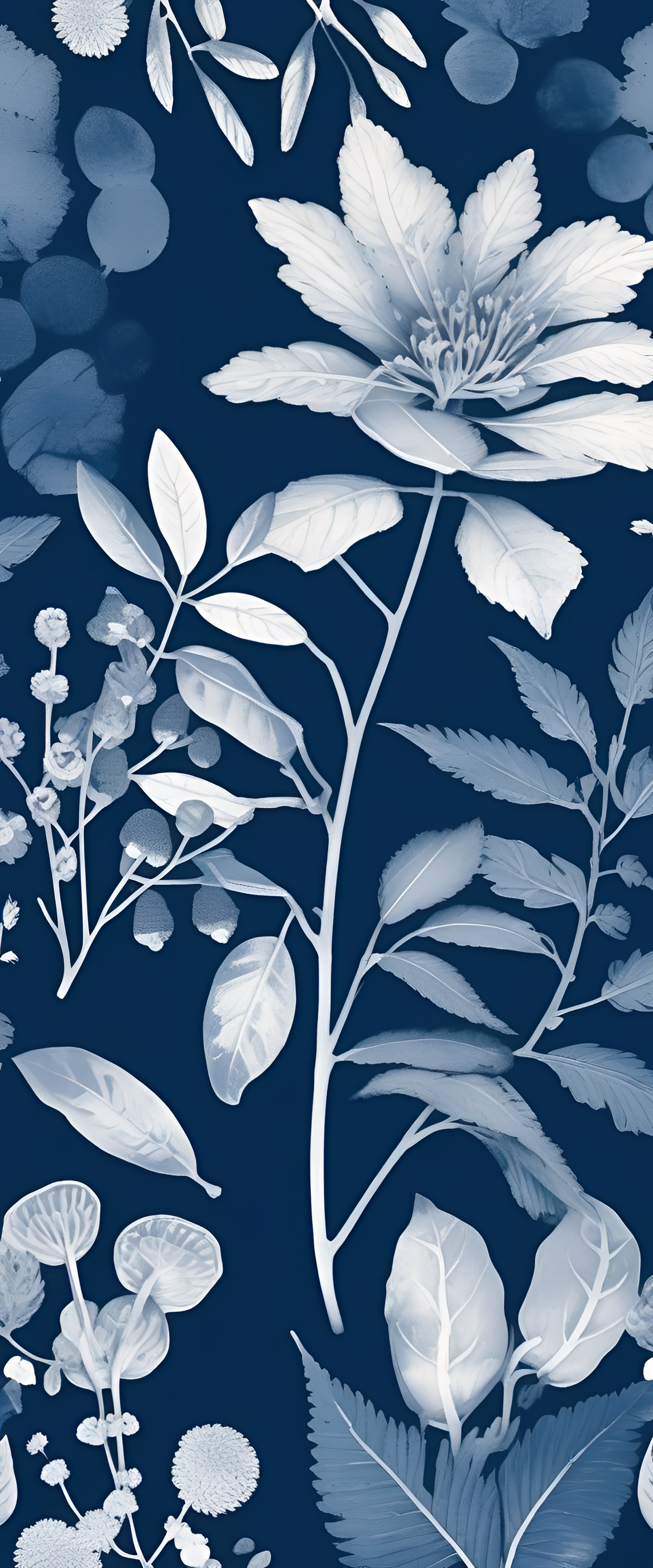 Nature-inspired cyanotype wallpaper with vibrant hues and organic patterns.