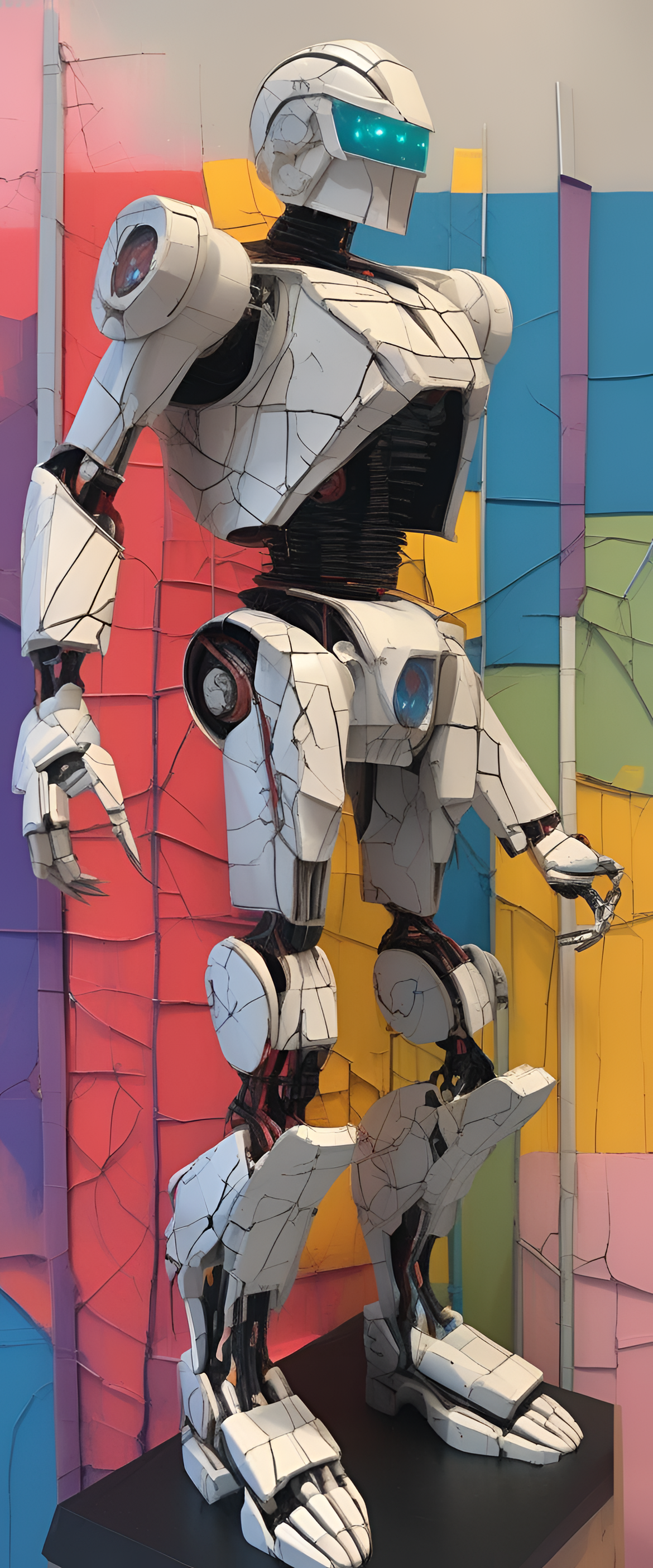 Cracked robotic sculpture in 80's sci-fi style portraying NBA theme.