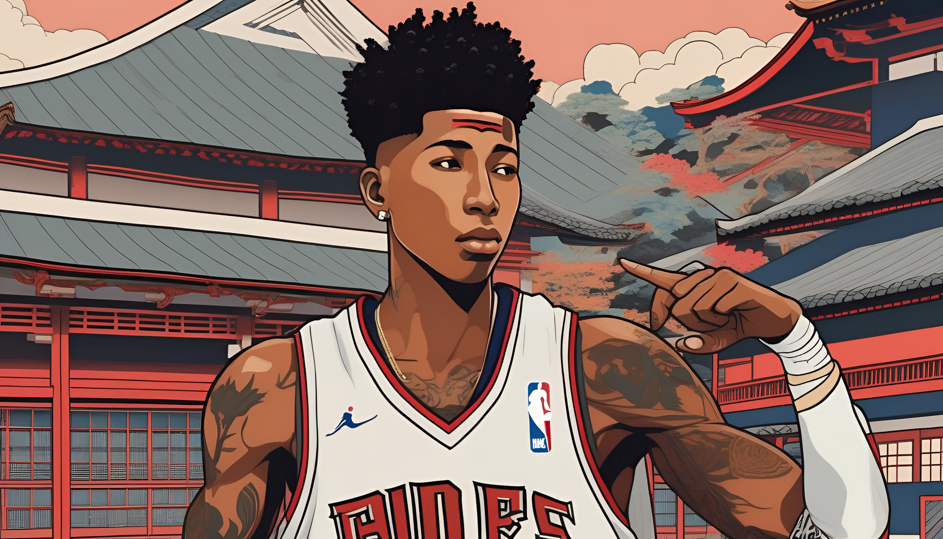 NBA YoungBoy in a vibrant Ukiyo-e style artwork.