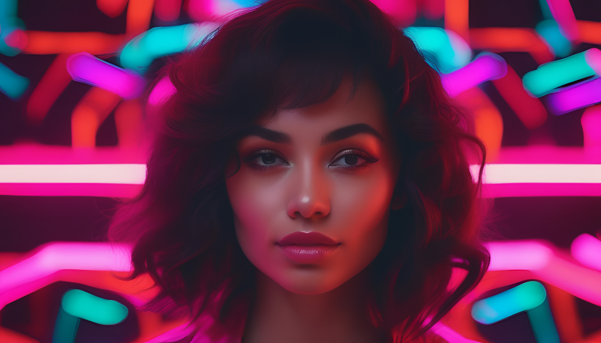 Close-up portrait with vibrant neon colors in a futuristic wallpaper.