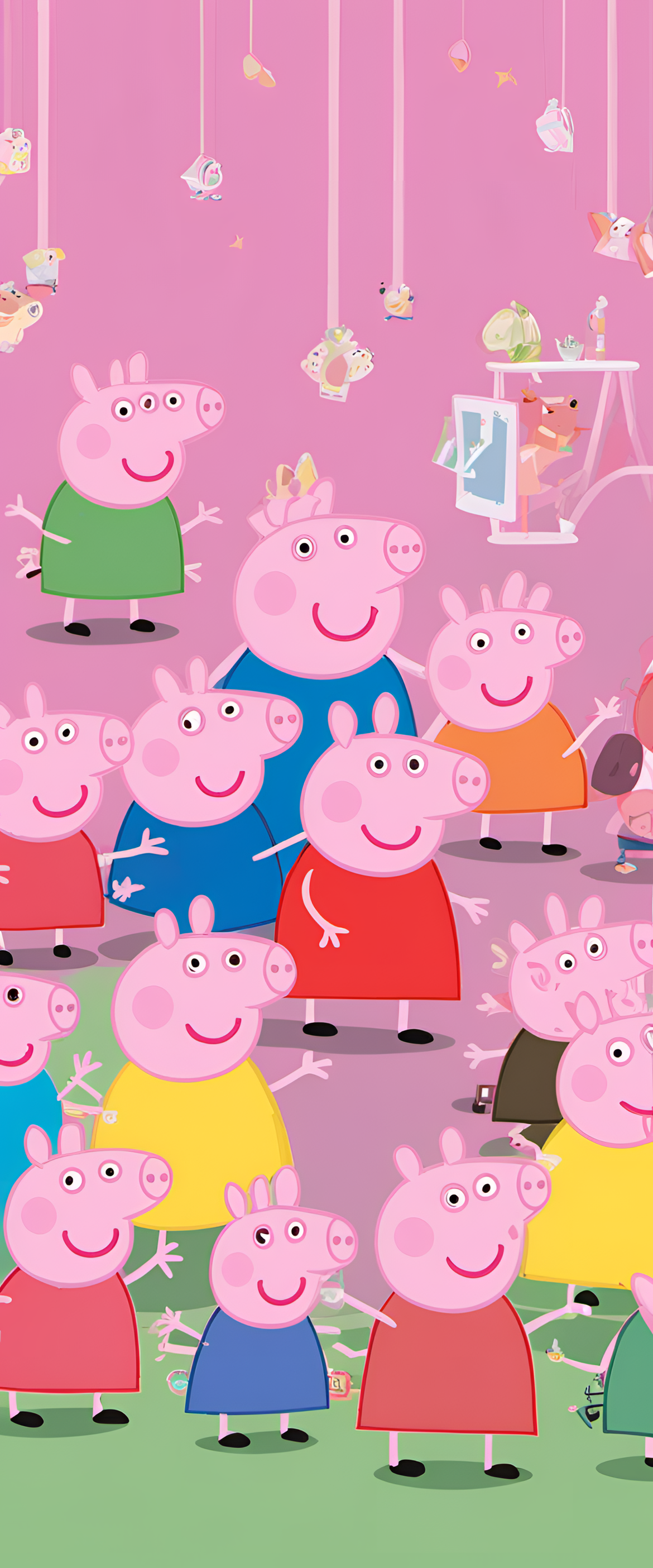 Peppa Pig smiling against a colorful background.