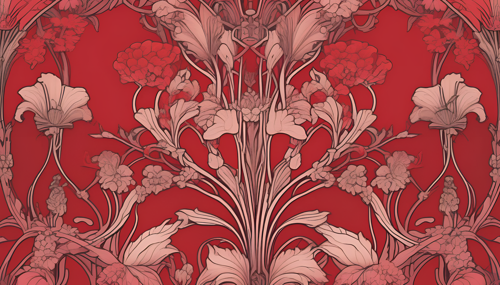 Art Nouveau-inspired red aesthetic wallpaper with intricate, detailed design.