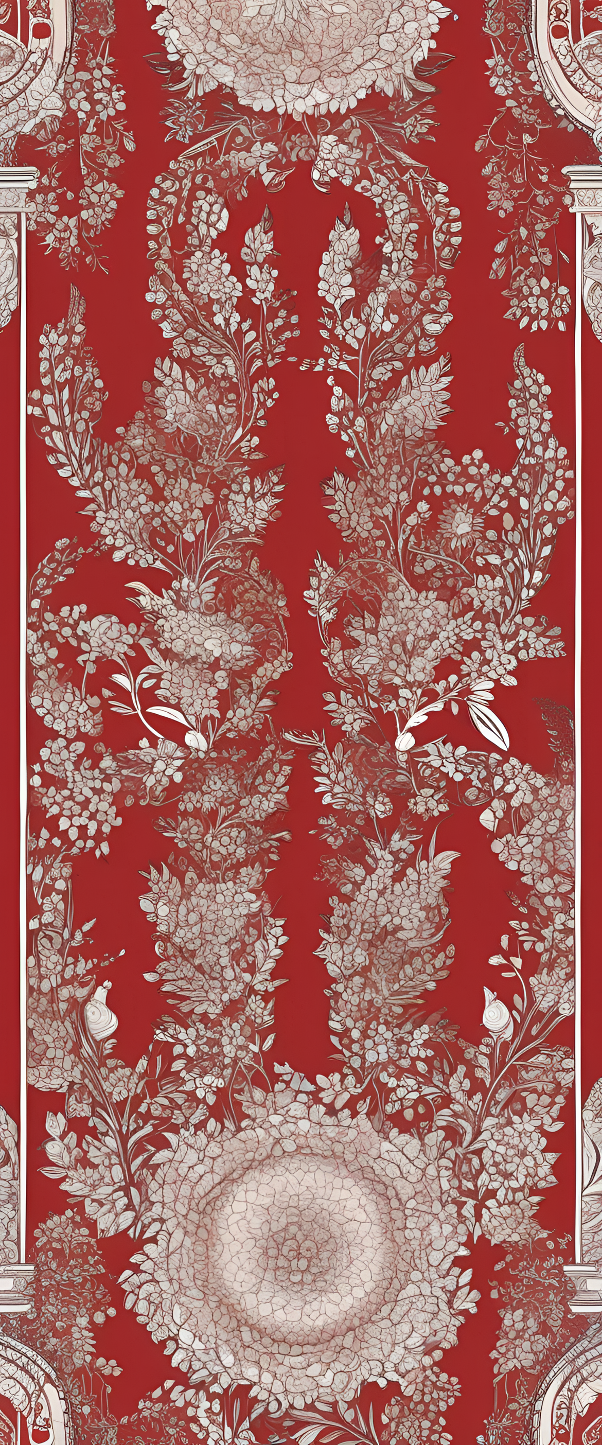 Intricate red wallpaper design.