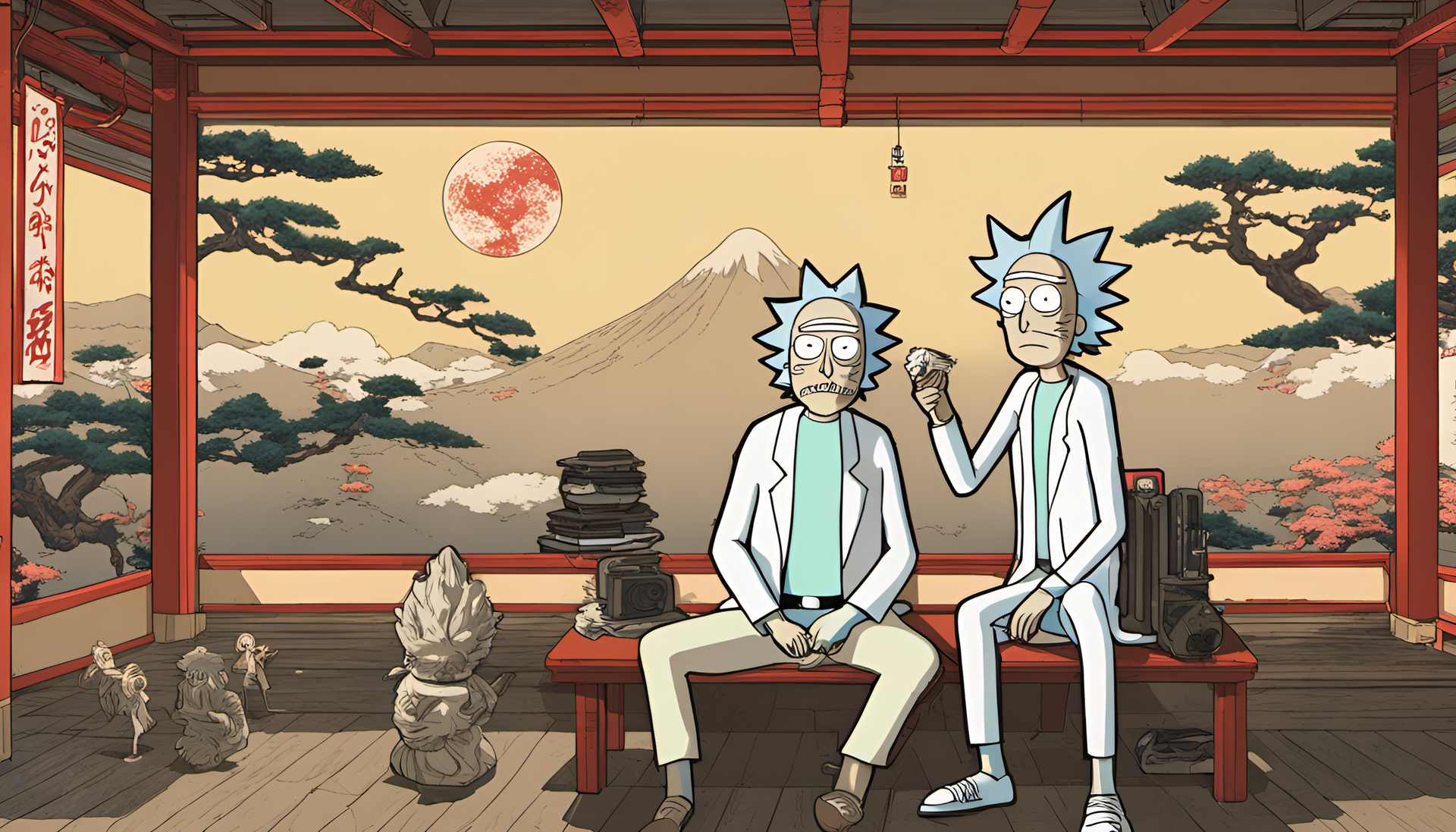 Rick and Morty in a vibrant Ukiyo-e style with dynamic lighting.