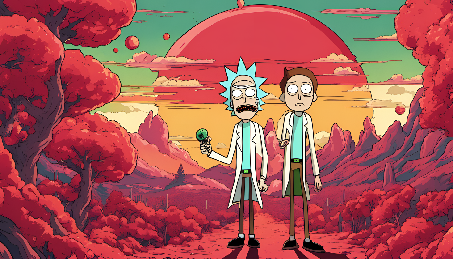 Saturated red Rick and Morty wallpaper.