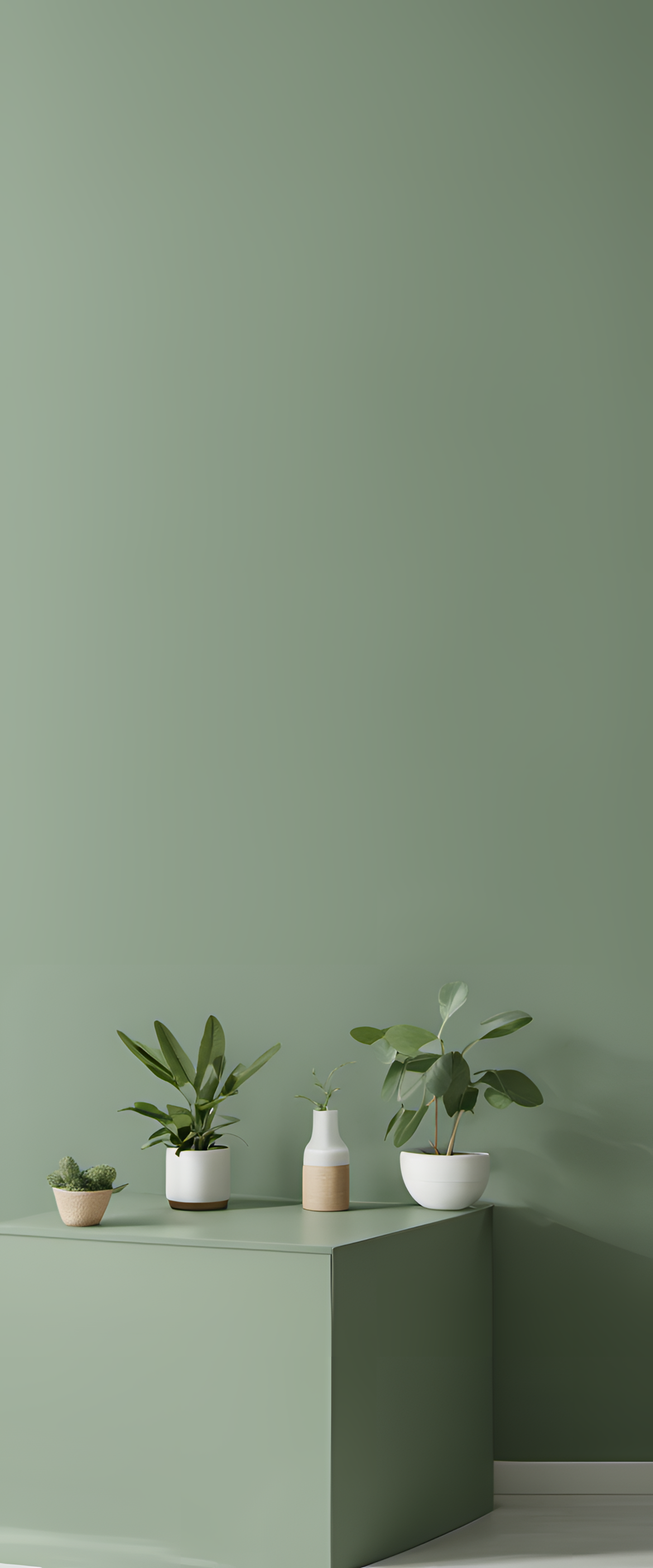 Minimalist sage green wallpaper with abstract geometric shapes.