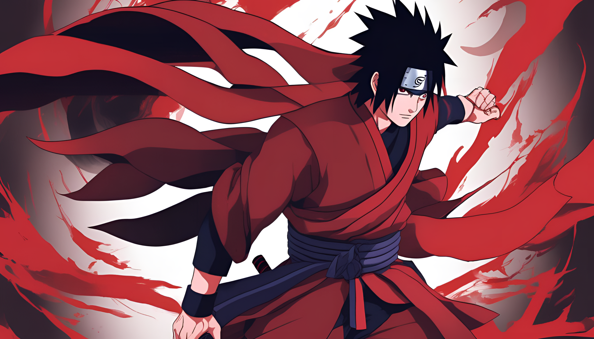 Vibrant red Sasuke wallpaper with bold saturations