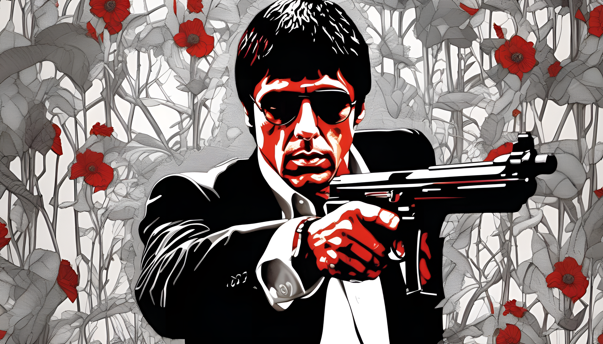 Scarface-inspired abstract art with intricate details.