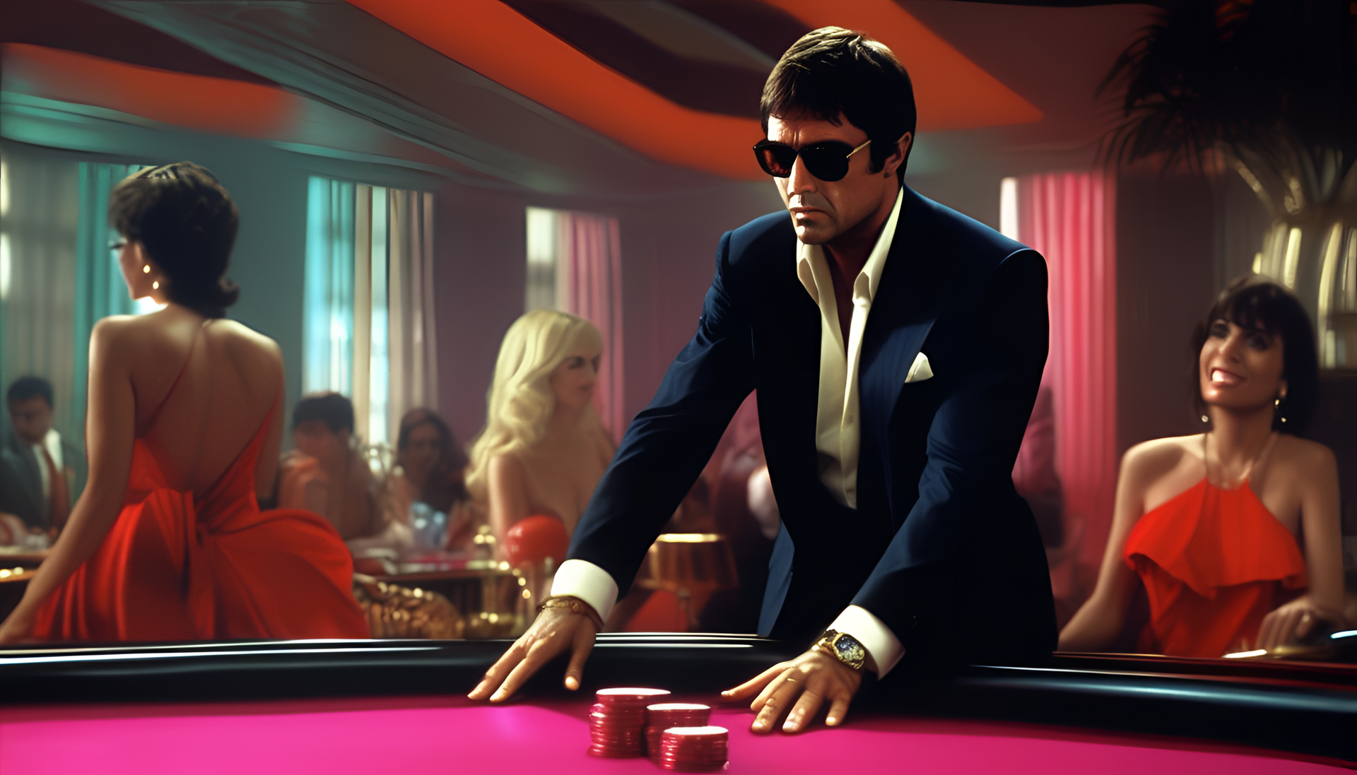 Playful and vibrant HD wallpaper inspired by the iconic movie Scarface.