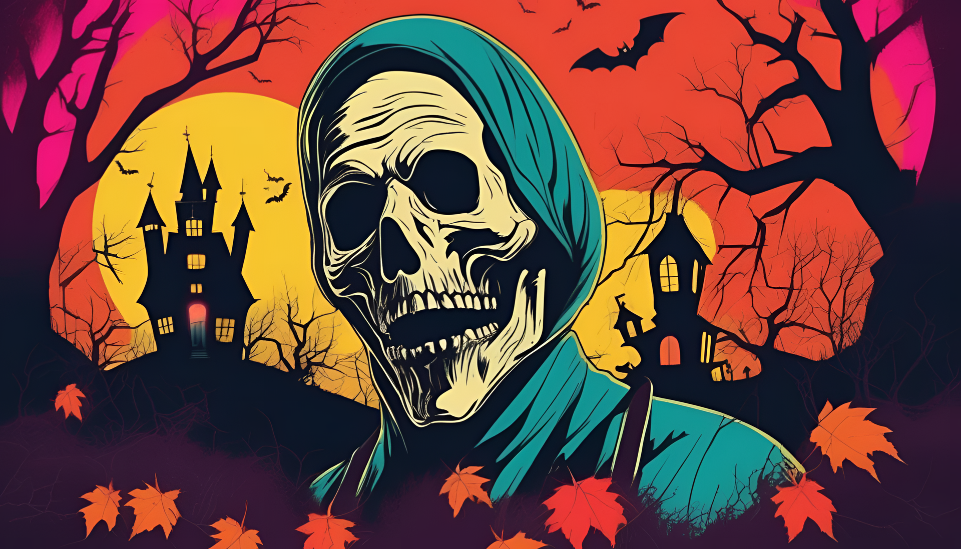 Colorful retro wallpaper with a scary theme.