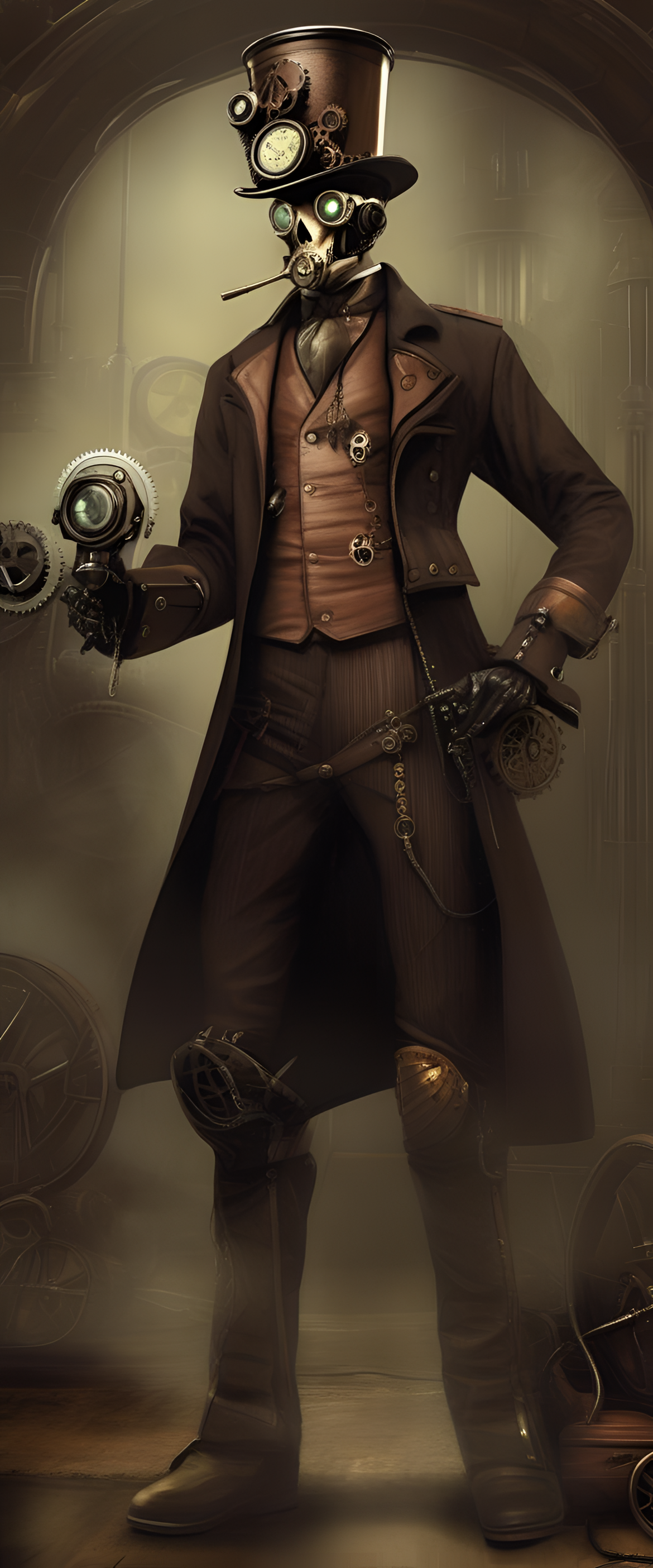 Steampunk-inspired scary scene on a phone wallpaper.