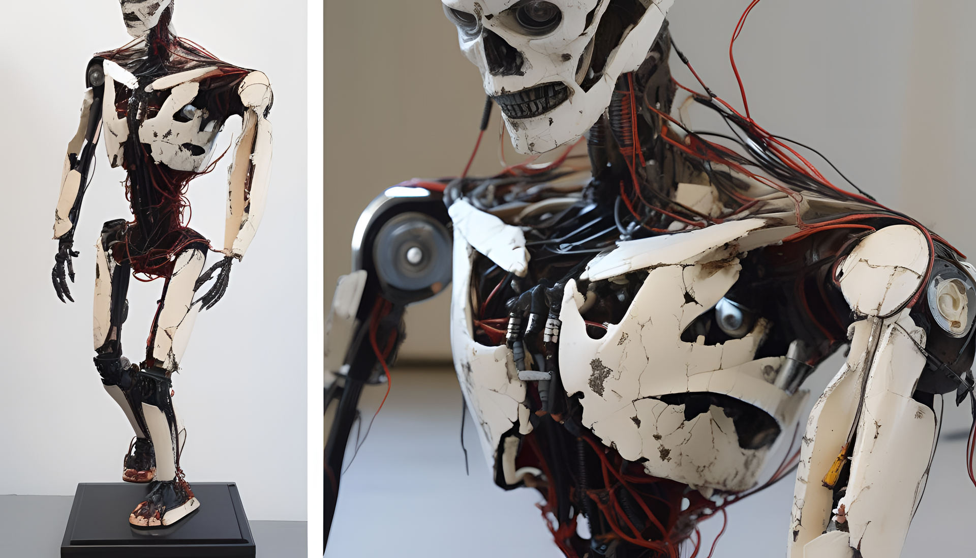 Cracked robotic sculpture with a scary, deconstructive vibe.