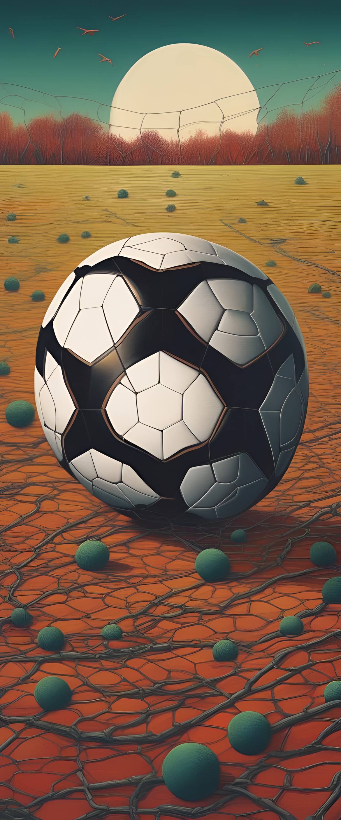 Surreal soccer artwork with vibrant colors and abstract shapes depicting the essence of the game.