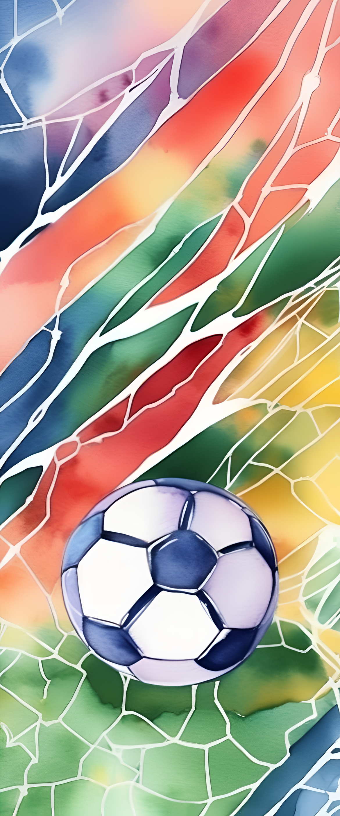 Watercolor soccer wallpaper with vibrant colors and soccer ball pattern.