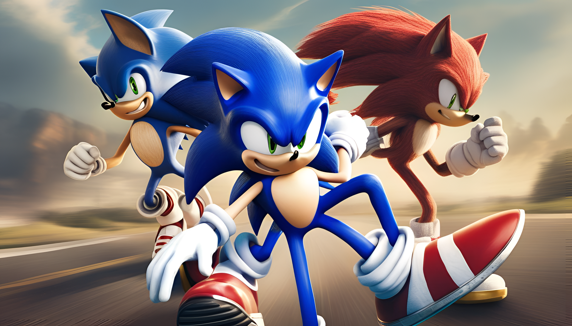 Sonic running through a colorful digital landscape.