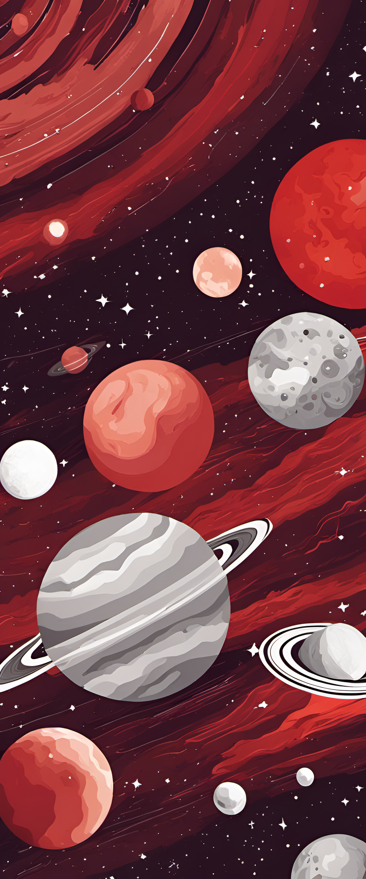 Vibrant red space-themed wallpaper.