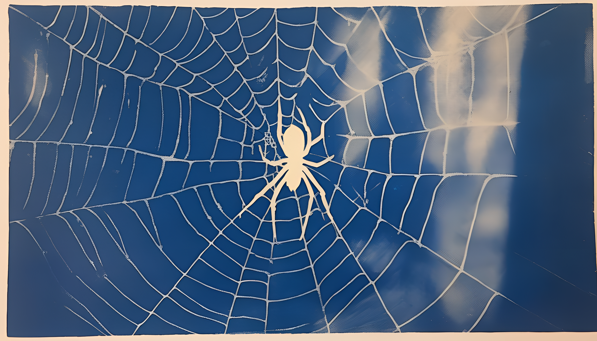 Spider-Man striking a dynamic pose over a blue background in a cyanotype style.