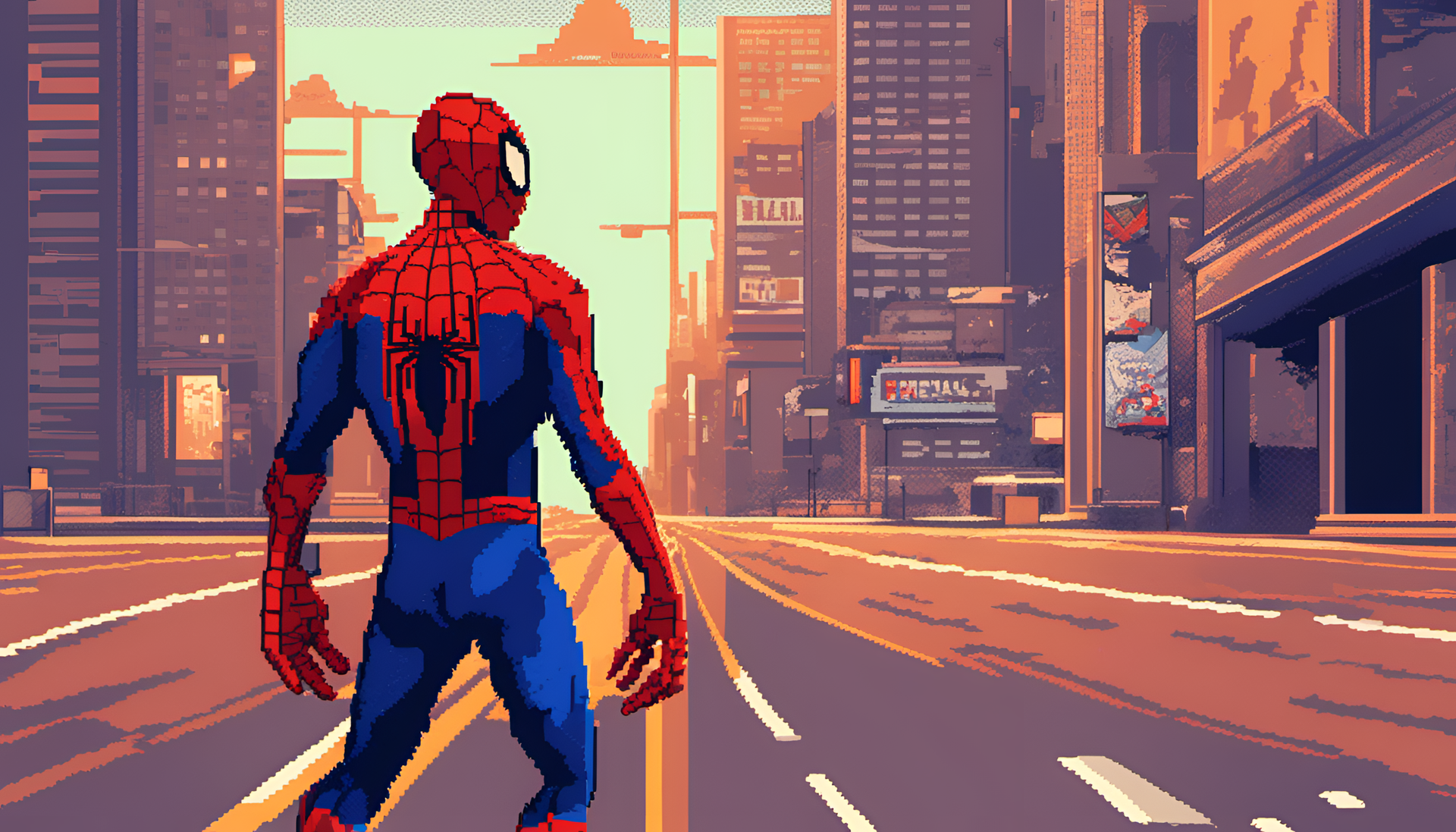 Pixel art depiction of Spiderman in red and blue costume, with web-slinging pose against city skyline background.