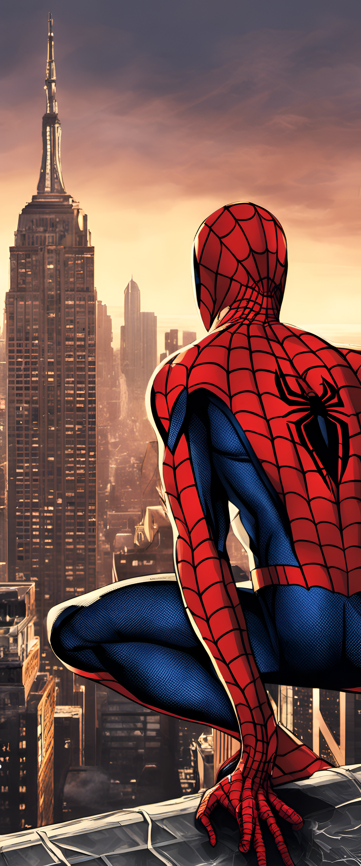 Spiderman in dynamic action pose, against a city skyline backdrop.