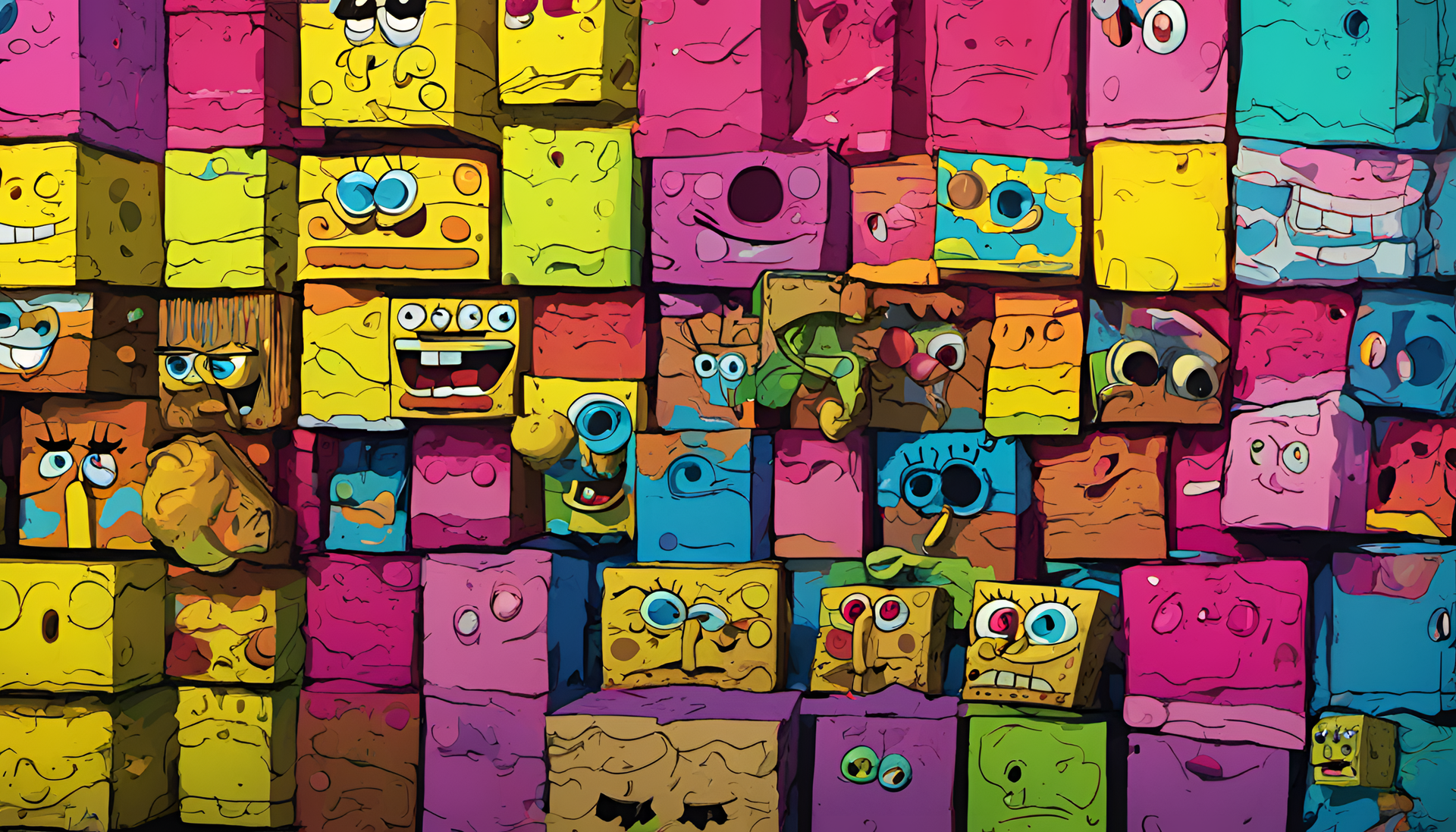 Pop art-style SpongeBob with vibrant colors, holding a nerdy expression.