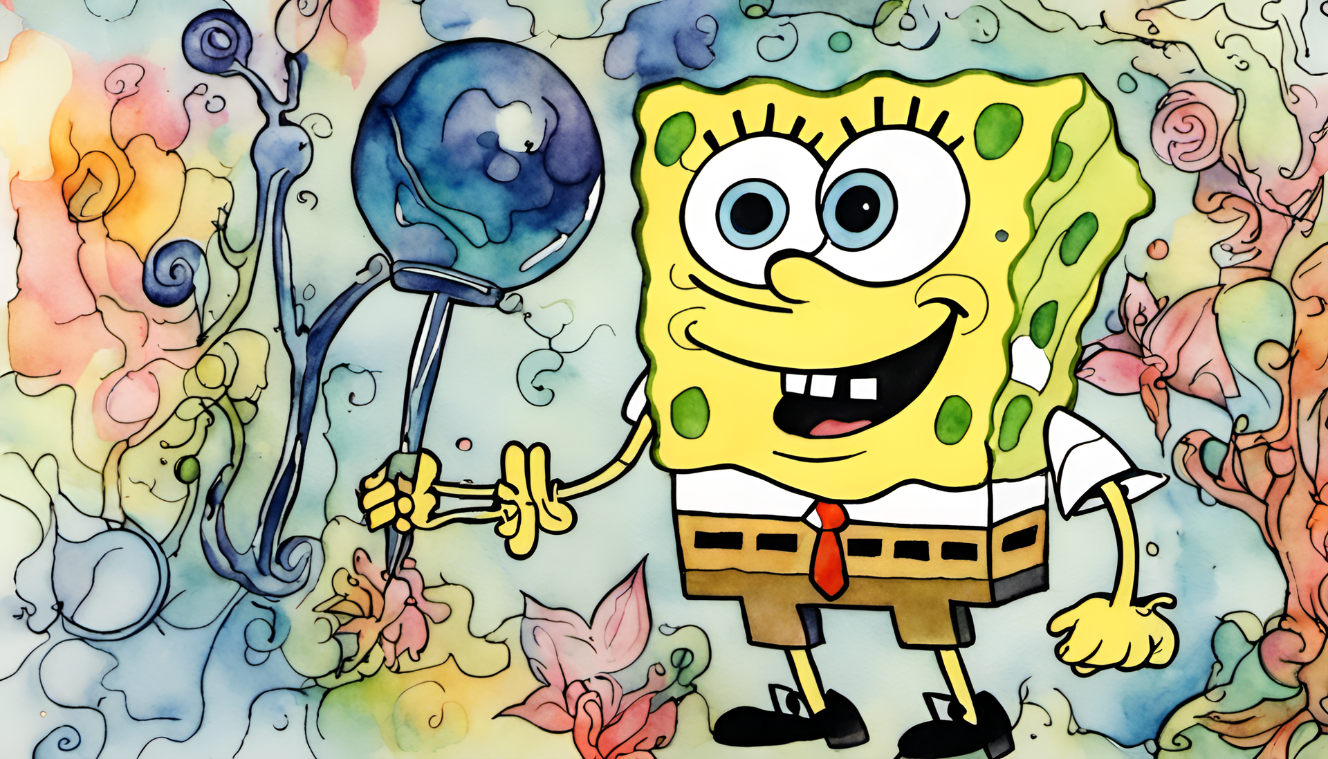 Colorful watercolor rendering of SpongeBob SquarePants with ink pen illustration.