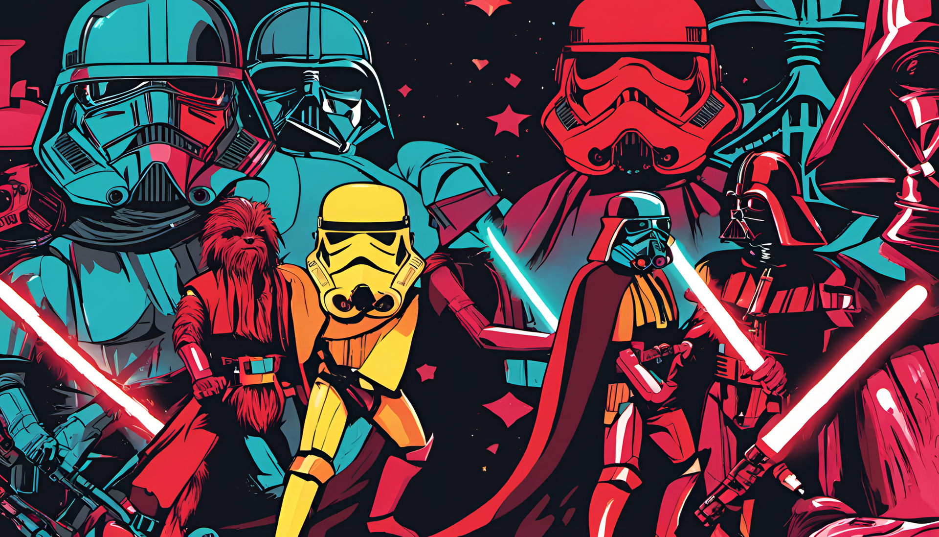 Vibrantly colored Star Wars artwork featuring dynamic clashes between characters.