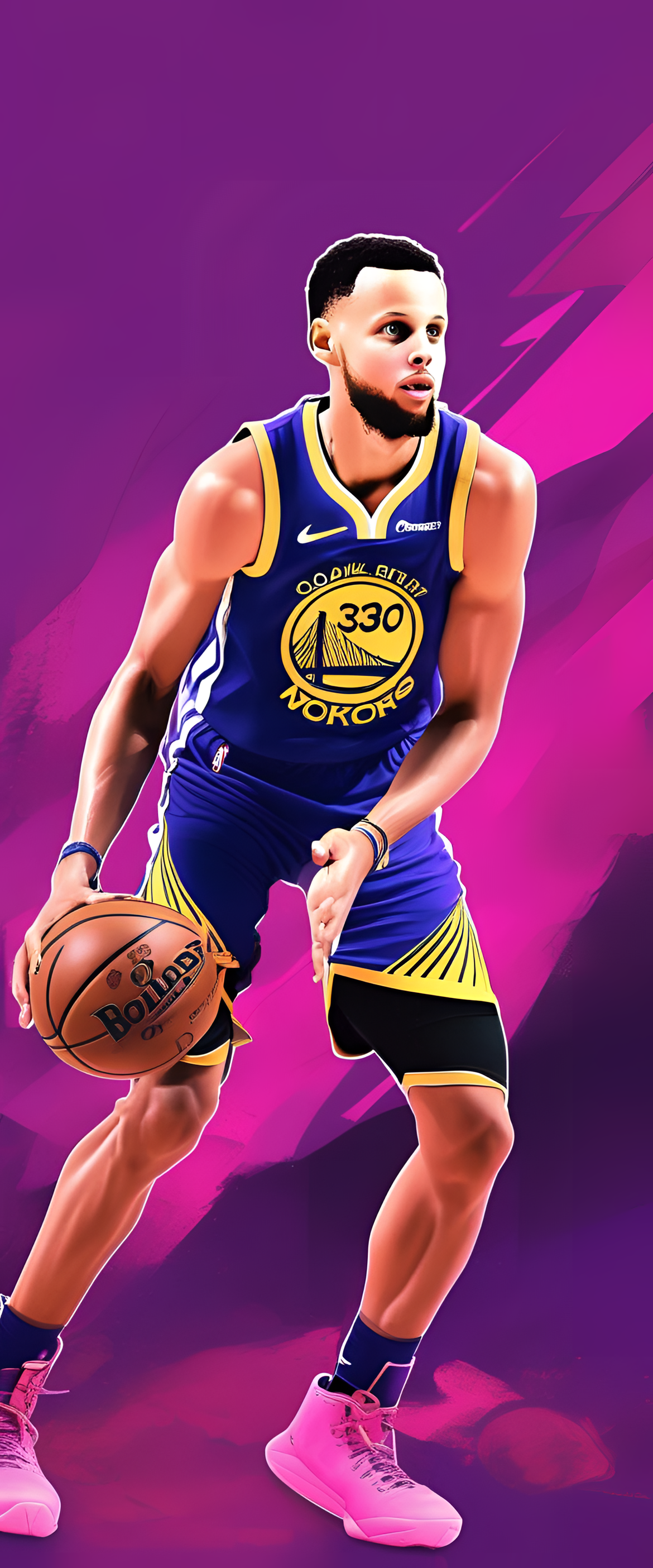 Vibrant Stephen Curry phone wallpaper with a pink and purple matte finish.