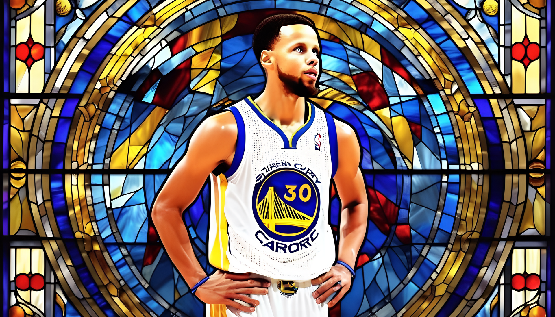 Stephen Curry in stained glass.