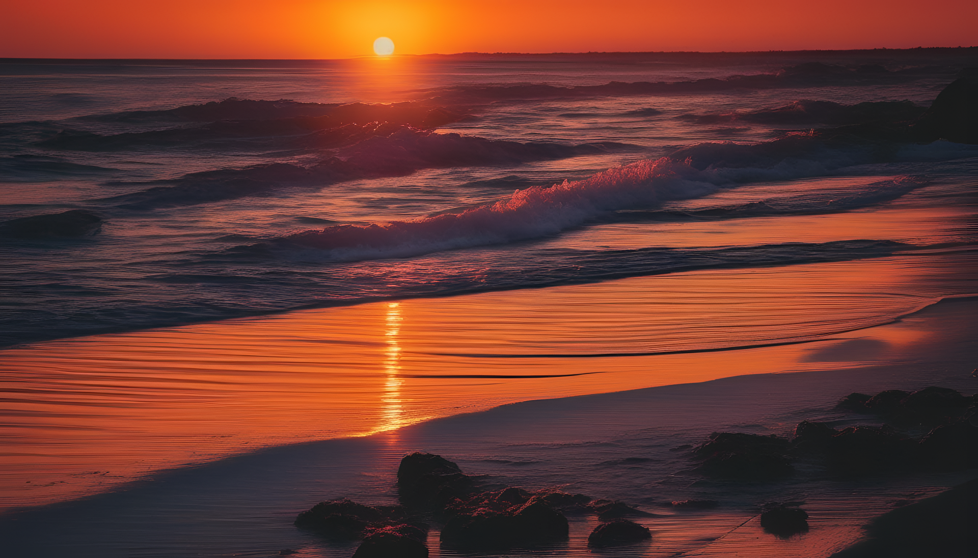 Vibrant sunset painting over horizon.